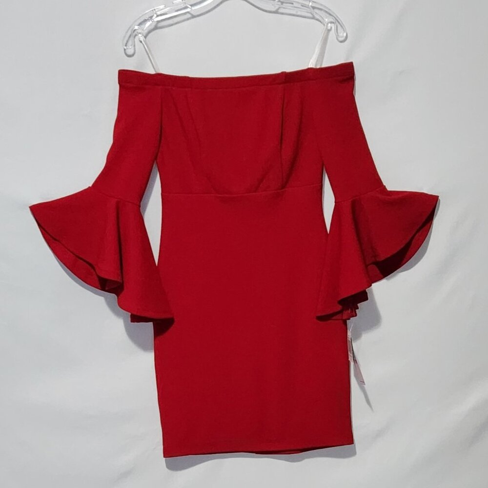 Teeze Me Red Off Shoulder Ruffled Sleeve Cocktail Dress - Size 7/8